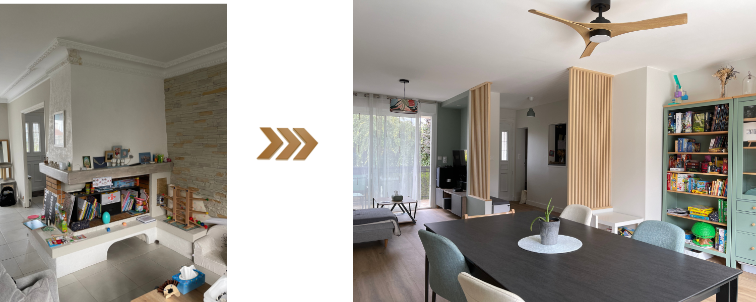 Avant et après rénovation d’une pièce de vie à Bouaye montrant l’amélioration des circulations et de l’organisation de l’espace.